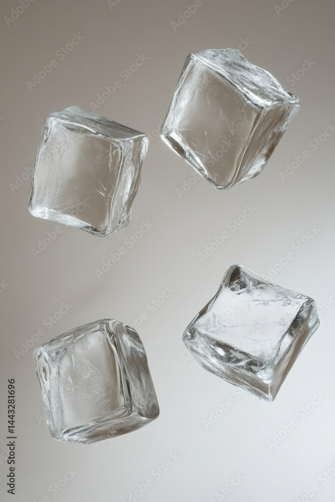 Poster four ice cubes floating in a cool and refreshing composition against a neutral background for bevera