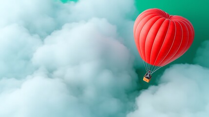 Fototapeta premium Red heart balloon drifts among soft, cloudy formations in a serene, surreal sky