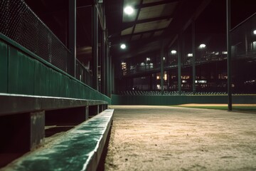 Night view of a baseball field dugout, showcasing the ambiance and lighting of an empty sports venue.