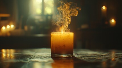 Burning candle in dimly lit room