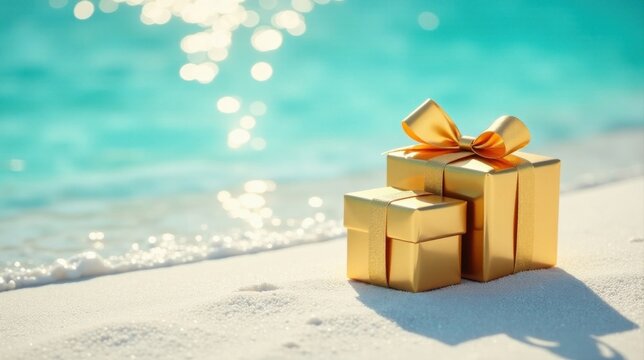 Golden presents on a sun-drenched beach, near ocean waves, symbolize relaxation and summer joy