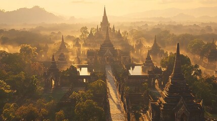 Majestic sunrise over ancient temples bagan myanmar aerial view tranquil landscape cultural heritage