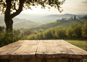 Rustic Wooden Table in Front of Scenic Tuscan Hills