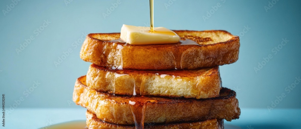 Aufkleber golden french toast stack with butter and syrup drizzle against a serene blue backdrop inviting brea