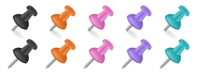 Set of multicolored push pins. Black, orange, pink, purple and blue colors. Paper holder	