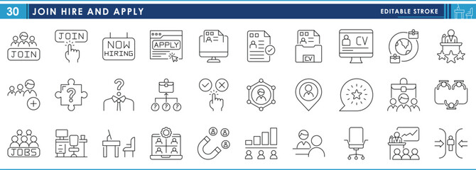 A set of line icons related to Join, Hire, and Apply. Job, vacancy, application, resume, interview, brilliant, worldwide, choice, and so on. Vector editable stroke.