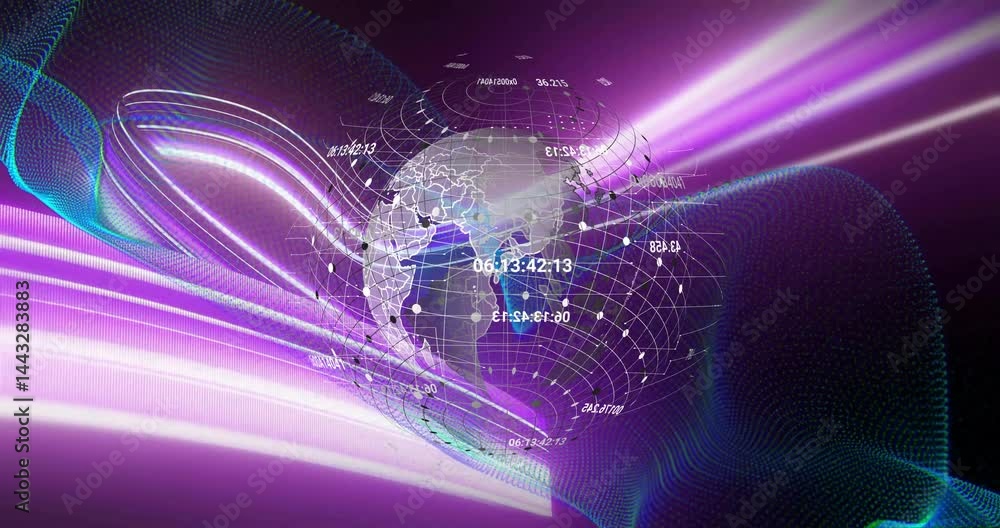 Poster digital wireframe globe being animated in scene, with neon trails and floating timestamps
