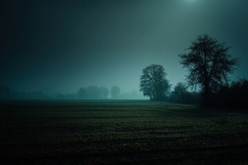 Fototapeta premium A misty landscape at night with silhouetted trees and a faintly glowing sky.
