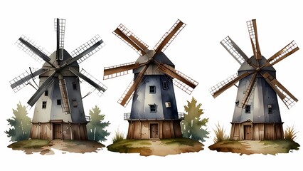 Historical watercolor windmills showcasing traditional architecture in a rural landscape