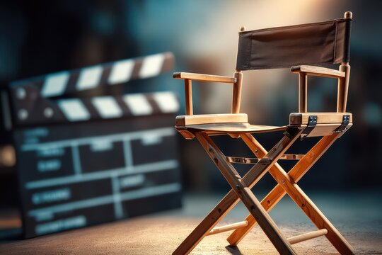 A director's chair and a movie clapperboard are set on a film set, ready for film production.