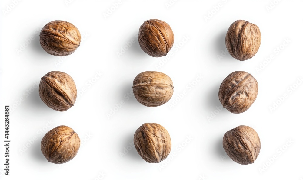 Poster overhead view of several walnuts on a white surface