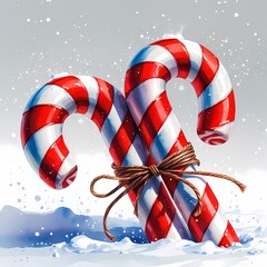 Watercolor candy canes tied together with twine in snowy landscape during winter season