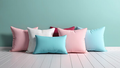 Pastel Pillows on White Wood Floor Against Teal Wall