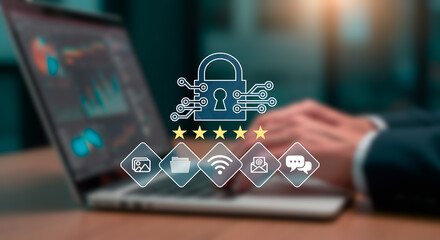 Laptop background with cybersecurity icons: data protection, firewall, and encryption