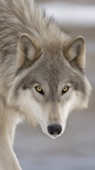 Naklejka premium Close-up of a wolf's head, looking directly forward in a snowy landscape