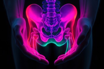 Hands Cradling Colorful Illustration of Human Pelvis Anatomy