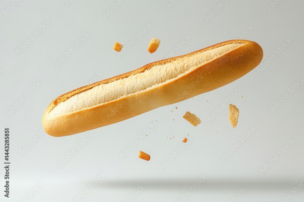 Poster floating baguette with scattered crumbs against a clean background captures the essence of fresh bak