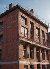 House undergoing renovation, brickwork and scaffolding visible, scaffolding, exterior, modern