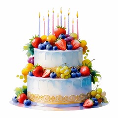 Watercolor colorful celebration cake adorned with fresh fruit and candles for a special occasion
