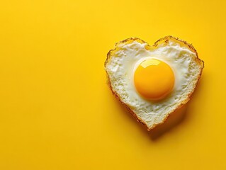 Heart shaped fried egg on vibrant yellow background a symbol of love and healthy breakfast overhead shot with bright light and clean style for food blog