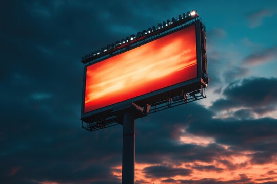 A vibrant, glowing billboard against a dramatic sunset sky, showcasing bold colors and dynamic lighting.