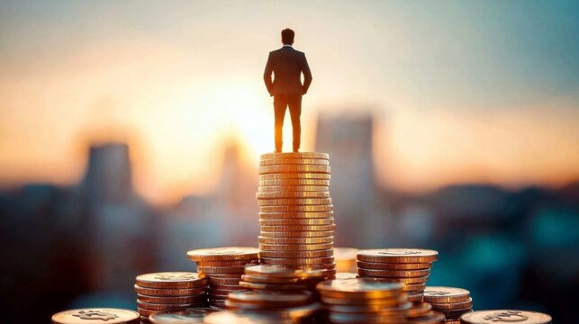 A businessman triumphantly stands atop a mountain of coins, symbolizing wealth and success.