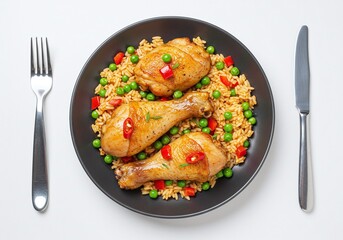 Chicken drumsticks with rice and peas on a plate with cutlery isolated on white background