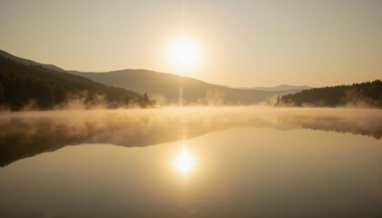 Fototapeta premium A serene sunrise over a misty lake, reflecting mountains and a golden sky, creating a tranquil and peaceful atmosphere.