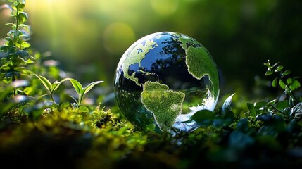 An artistic interpretation of Earth within a glass sphere nestled among forest foliage.