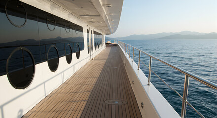 Exterior of Luxury Yacht on Calm Sea Water with a View of Coastline and Clear Sky in Summer Daytime