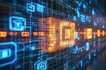 Digital circuit board with glowing central processor  Complex network of interconnected lines and symbols