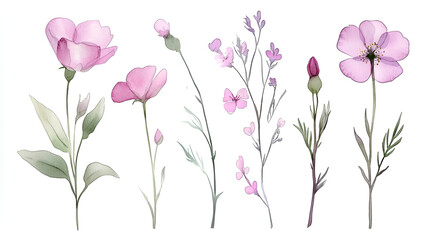 abstract pink wild roses and wild flowers painted in watercolor. Watercolor botanical clip art collection with white background for wedding invitation and cards