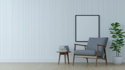 Minimalist Living Room with Chair, Table, Books and Plant Display
