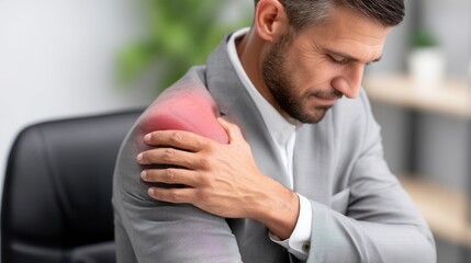 Man in suit holds his painful shoulder, highlighted in red, indicating injury or strain.
