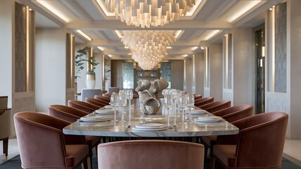 A long dining table set with plates and glasses under a modern chandelier in a bright elegant room