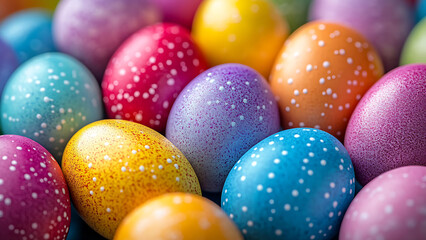 Close-up of Easter eggs in various colors and designs. The eggs are speckled and polka-dotted in blue, yellow, pink, and purple hues.