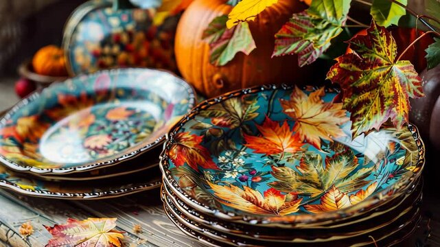 Decoupage autumn-themed dishes, artistic designs, vibrant colors, unique crafts