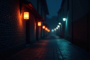 Fototapeta premium Mysterious Nighttime Alleyway with Warm and Cool Lighting Illuminating Brick Walls and Cobblestone Path