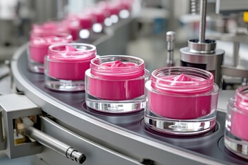 Pink cream in jars on a conveyor belt, being processed in a factory setting.