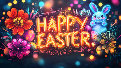 Festive holiday graphic for Easter features bright neon "Happy Easter" text. Bunnies, flowers, and decorated eggs add to the celebratory scene.