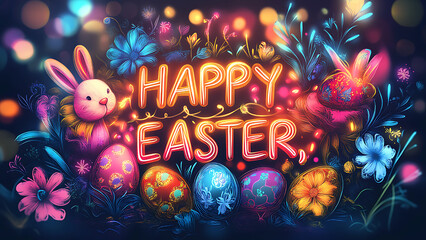 Festive holiday graphic for Easter features bright neon "Happy Easter" text. Bunnies, flowers, and decorated eggs add to the celebratory scene.