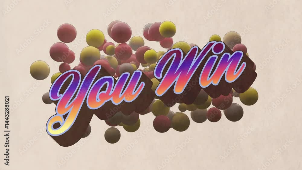 Poster 3d render displaying you win text floating among multicolored spheres over textured beige backdrop