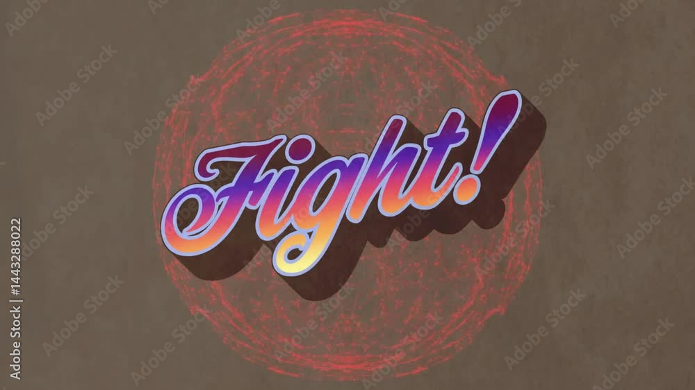 Poster 3d rendering gradient cursive fight! text floating over glowing neon circle on brown backdrop