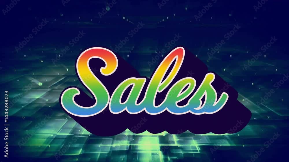 Poster stylized sales word being displayed over neon grid backdrop featuring rainbow fill, floating digits