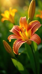 Obraz premium Sunlit daylilies showcasing vibrant colors against green foliage , texture, photography