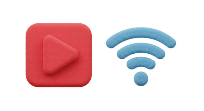 pair of 3D user interface icons, a red square "stop" or "record" button alongside a blue Wi-Fi symbol, for concepts like stopping a stream or online recording.