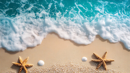 Serene beach scene with turquoise waves washing onto the shore. Starfish and a seashell sit on the sandy beach.