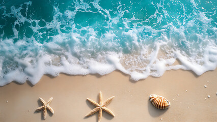 Serene beach scene with turquoise waves washing onto the shore. Starfish and a seashell sit on the sandy beach.