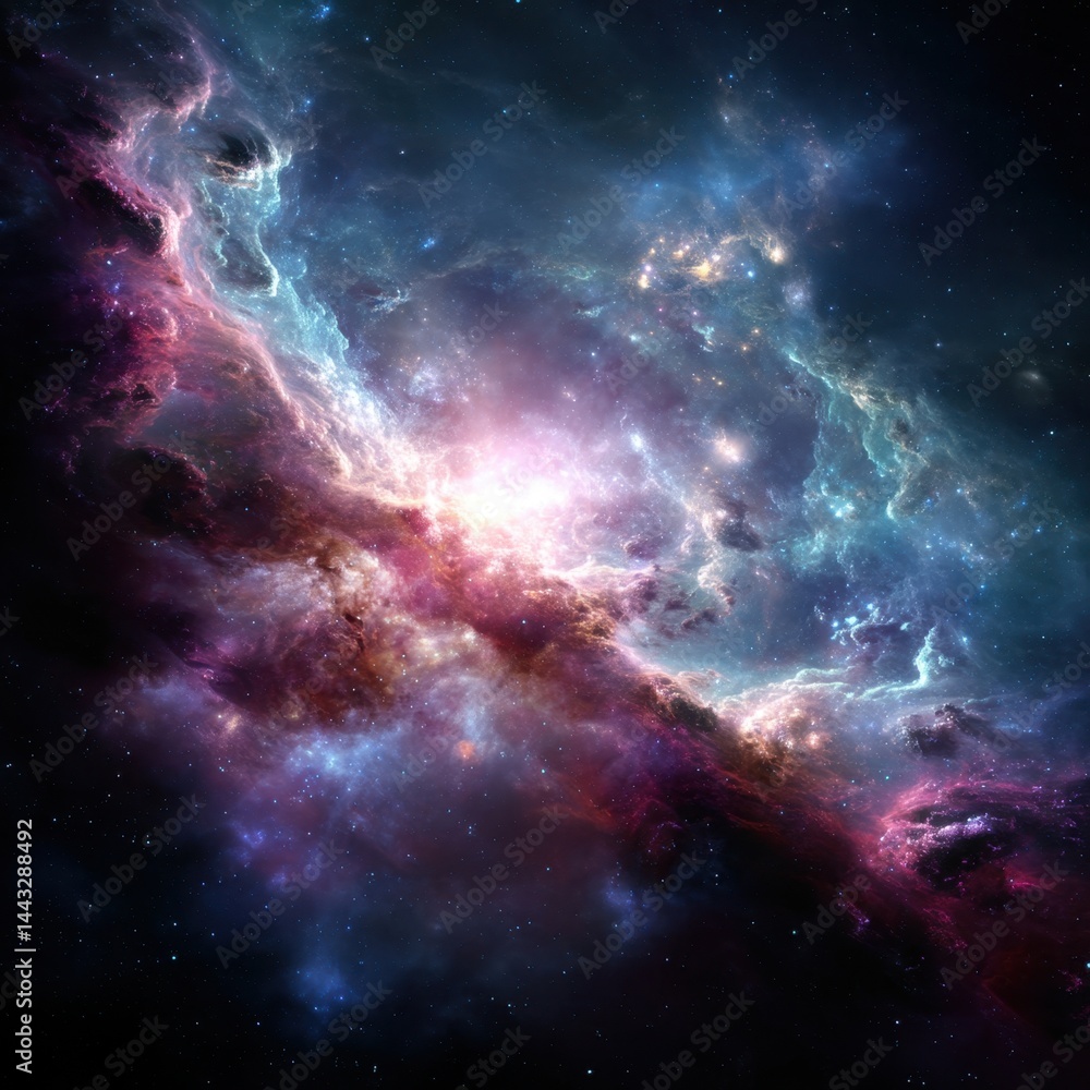 Poster ethereal cosmic expanse with vibrant nebula clouds and radiant starlight creating a mesmerizing cele