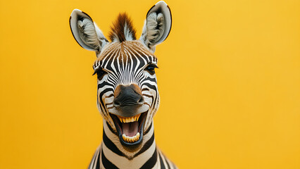 zebra grinning widely with human-like teeth, is displayed against a yellow background. 